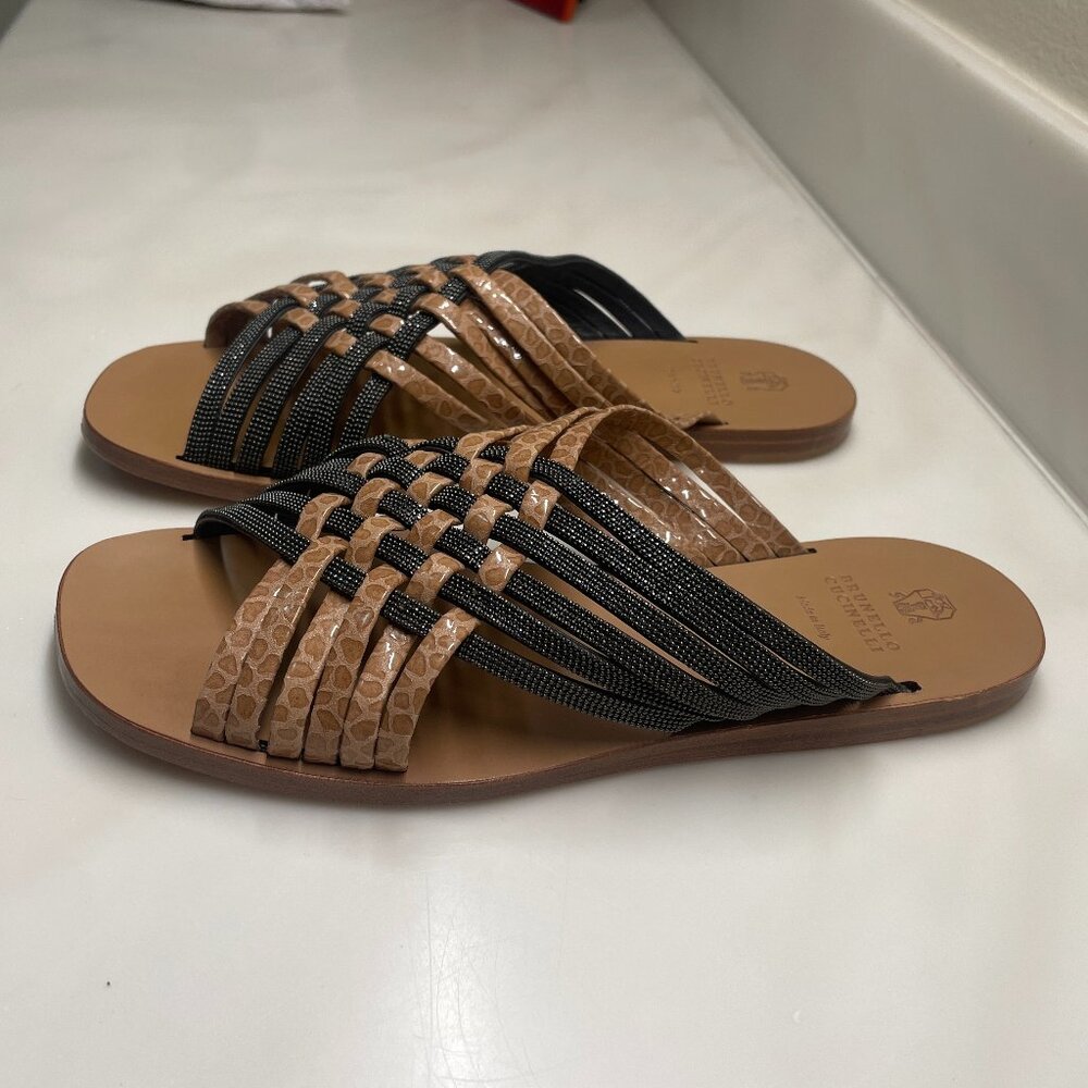 Brunello Cucinelli Leather Colorblock Pattern Slides Sz 7 / IT 37